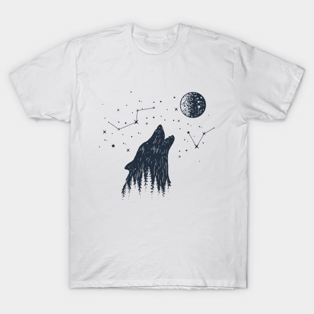 Inspirational Illustration With Wolf, Moon, Stars And Forest In Double Exposure Style T-Shirt by SlothAstronaut